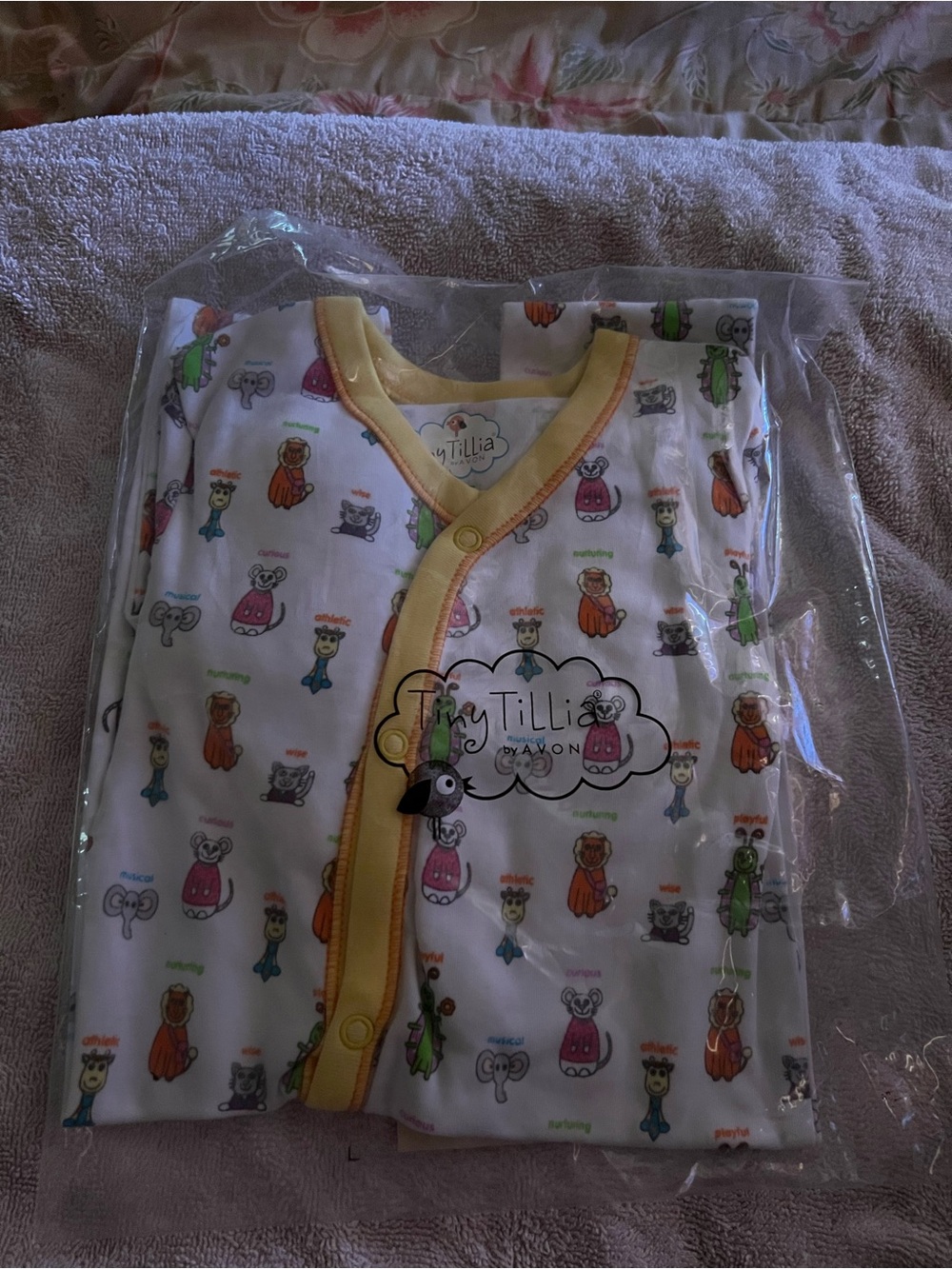 Avon Tiny Tillia Footed Coverall - Yellow Trim, Animal Print, Vintage